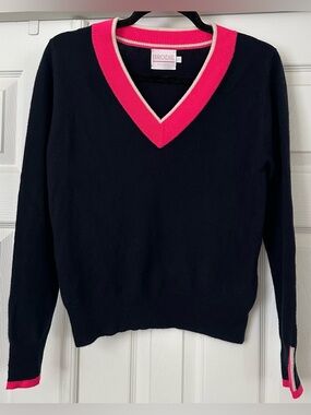 Brodie Cashmere Navy Blue Varsity V-Neck Sweater with Pink Trim size small